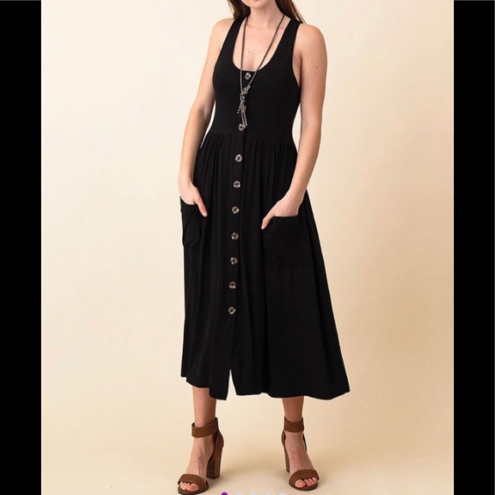 Black Pocket Button Front Tank Dress